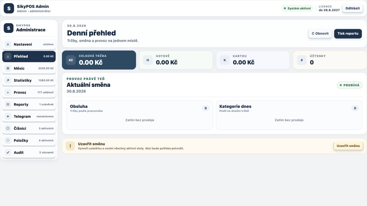 ADMIN dashboard SikyPOS s přehledem směny