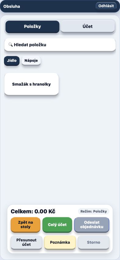 Skutečná obrazovka mobilního číšníka SikyPOS